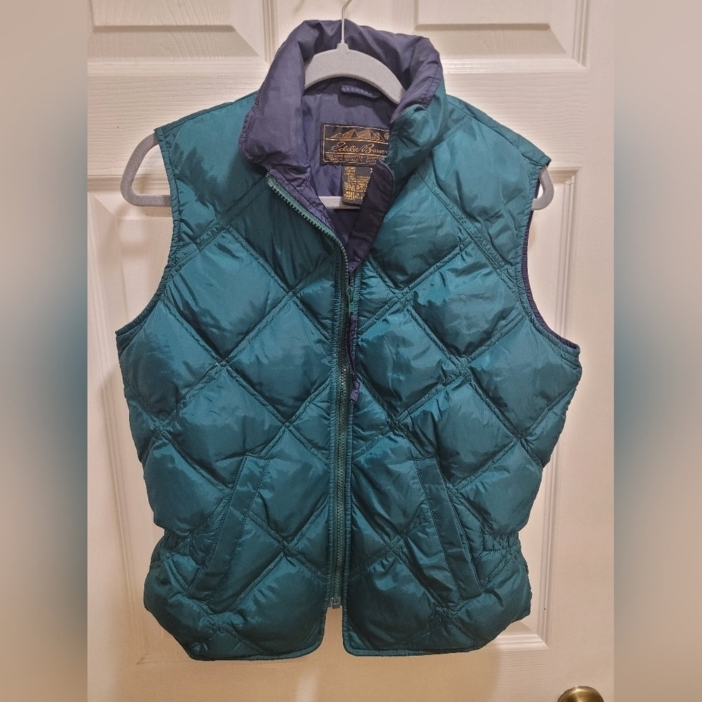 Eddie Bauer Down Vest Womens Size Small S Green Goose Puffer Quilted Full Zip